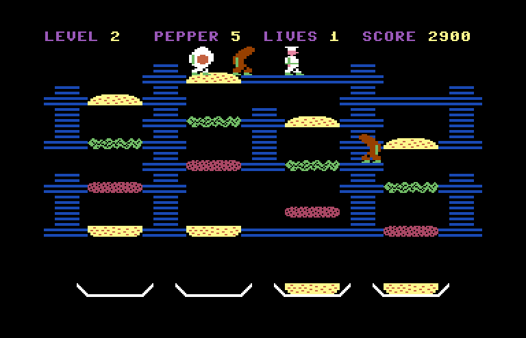 BurgerTime Commodore 64 Screenshot: Running away from opponents on level 2.