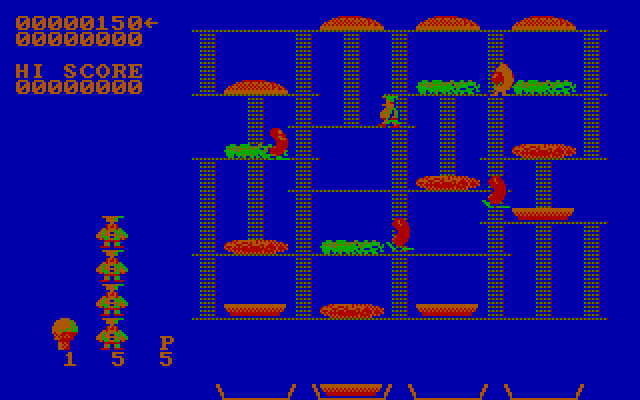 BurgerTime IBM PC/Compatibles Screenshot: Gameplay on the easiest level.