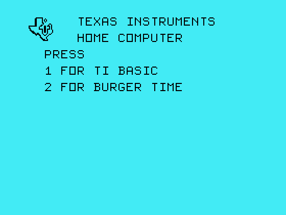 BurgerTime TI-99/4A Screenshot: TI-99/4A main menu.