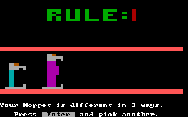 Moptown Parade IBM PC/Compatibles Screenshot: This Moppet is different in 3 ways...