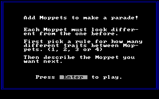 Moptown Parade IBM PC/Compatibles Screenshot: Game instructions.