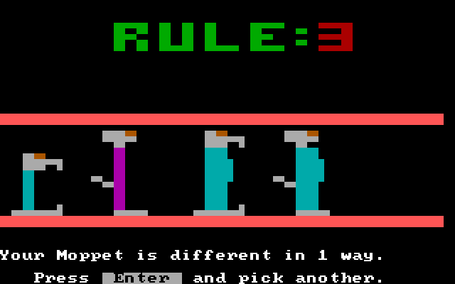 Moptown Parade IBM PC/Compatibles Screenshot: Oops, this Moppet is different in only one way.