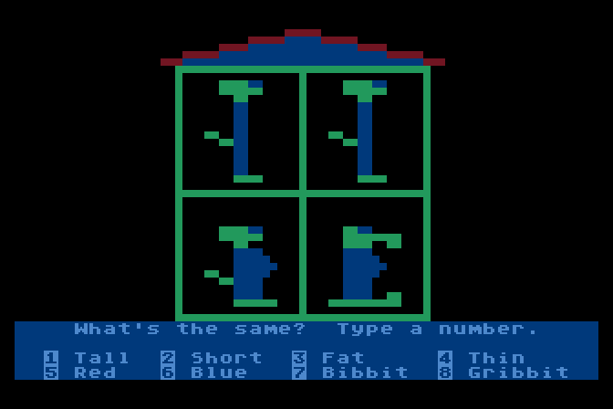 Moptown Parade Atari 8-bit Screenshot: Type a number to choose what's the same.