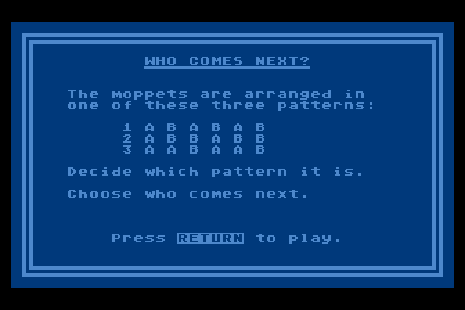 Moptown Parade Atari 8-bit Screenshot: Who Comes Next? instructions.