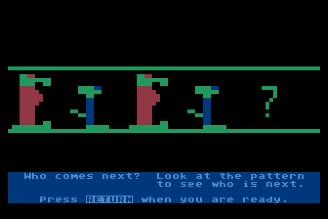 Moptown Parade Atari 8-bit Screenshot: Who Comes Next? title screen.