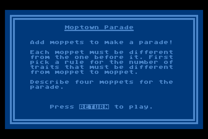 Moptown Parade Atari 8-bit Screenshot: Moptown Parade instructions.