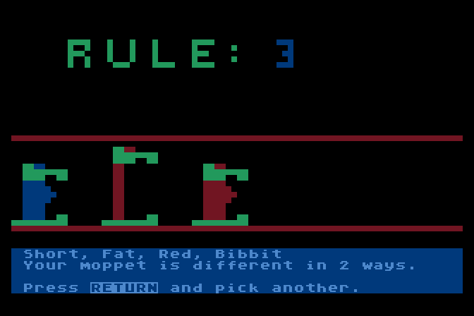 Moptown Parade Atari 8-bit Screenshot: Rule 3, but my moppet was different in 2 ways so I need to try again.