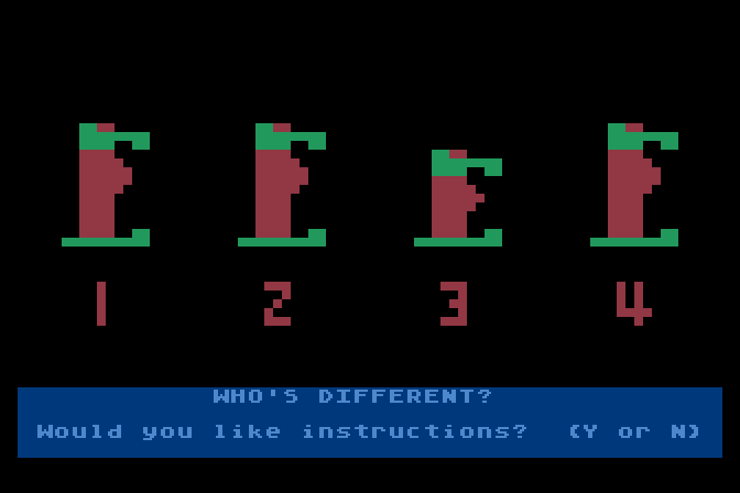 Moptown Parade Atari 8-bit Screenshot: The next game is Who's Different?