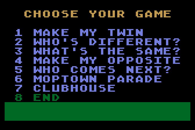 Moptown Parade Atari 8-bit Screenshot: The main menu.