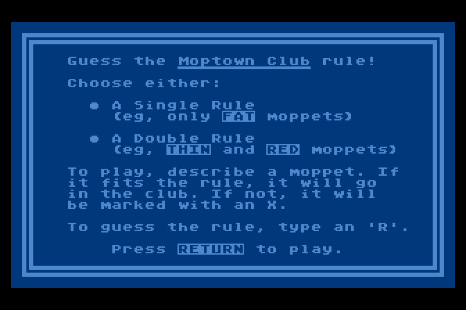 Moptown Parade Atari 8-bit Screenshot: Clubhouse instructions.