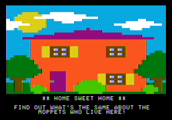 Moptown Parade Apple II Screenshot: Home sweet home! Time to play Who's the Same?