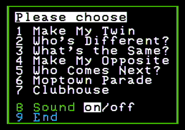 Moptown Parade Apple II Screenshot: Main menu.