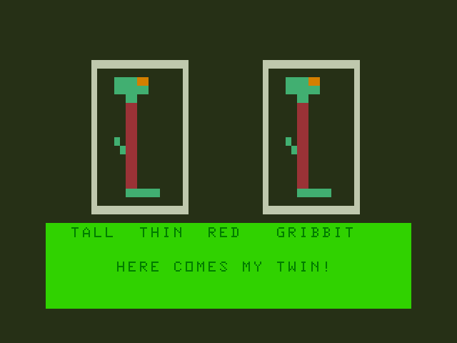 Moptown Parade TRS-80 Color Computer Screenshot: Here comes my twin!