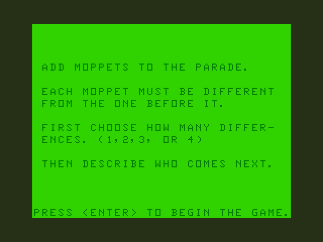 Moptown Parade TRS-80 Color Computer Screenshot: Moptown parade instructions.