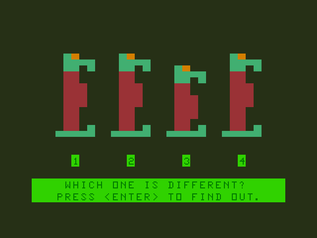Moptown Parade TRS-80 Color Computer Screenshot: Which one is different?