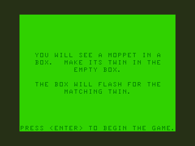 Moptown Parade TRS-80 Color Computer Screenshot: Make My Twin! instructions.