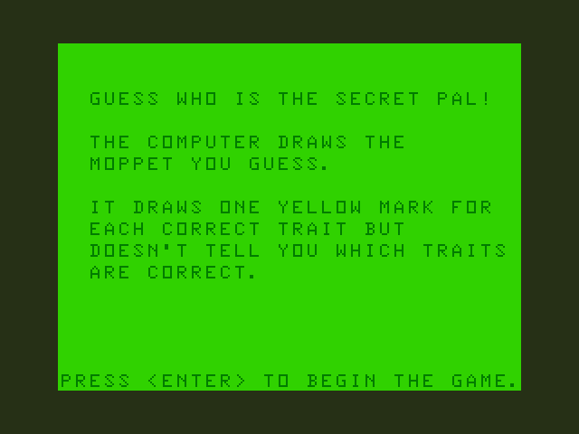 Moptown Parade TRS-80 Color Computer Screenshot: Instructions for Guess who is the Secret Pal!