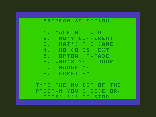 Moptown Parade TRS-80 Color Computer Screenshot: Program selection screen.