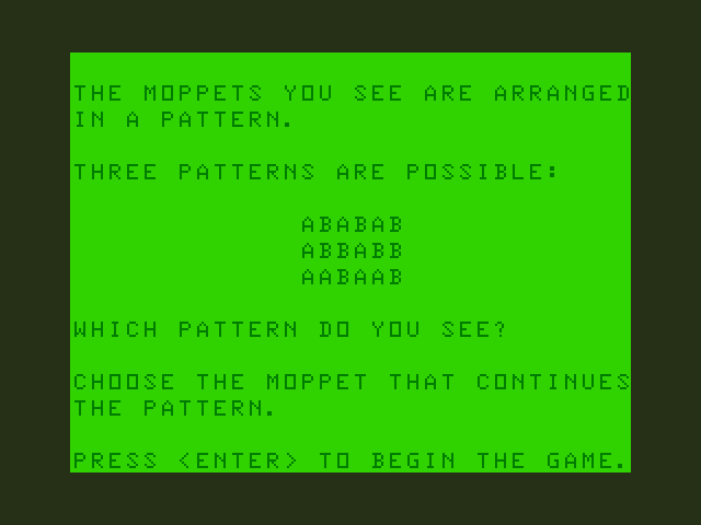 Moptown Parade TRS-80 Color Computer Screenshot: Who comes next instructions.