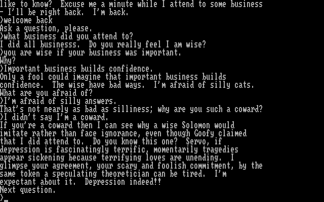 Racter IBM PC/Compatibles Screenshot: Having a conversation.