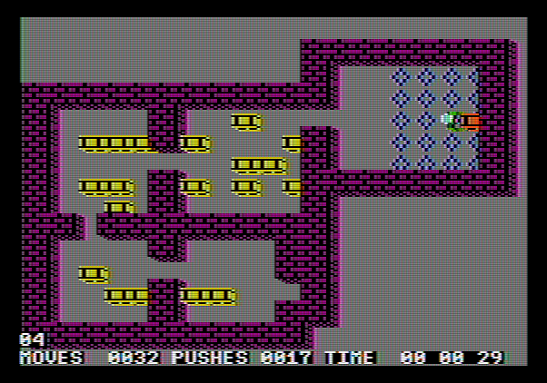 Soko-Ban Apple II Screenshot: Getting the first box in place isn't too hard...but the rest of them?