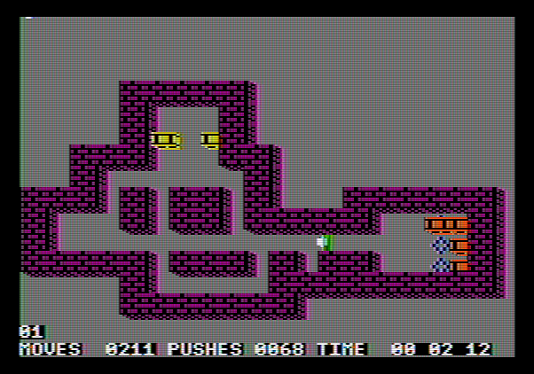 Soko-Ban Apple II Screenshot: Only two boxes left to get into place...