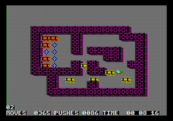 Soko-Ban Apple II Screenshot: The second level is a little trickier...can I complete it, or did I box myself in?