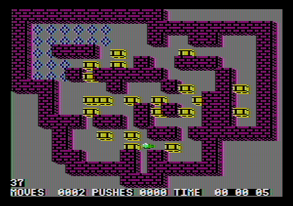 Soko-Ban Apple II Screenshot: Plan a careful strategy to complete this level!