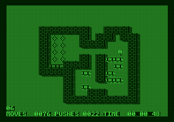 Soko-Ban Apple II Screenshot: A few boxes in place...how should I shuffle the rest around?