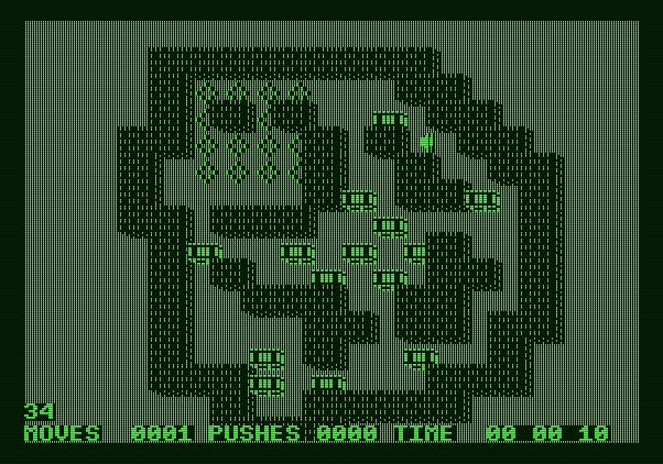 Soko-Ban Apple II Screenshot: Each of the levels has a unique layout requiring a different strategy.