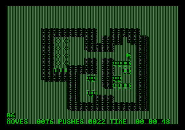 Soko-Ban Apple II Screenshot: A few boxes in place...how should I shuffle the rest around?