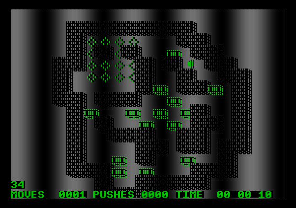Soko-Ban Apple II Screenshot: Each of the levels has a unique layout requiring a different strategy.