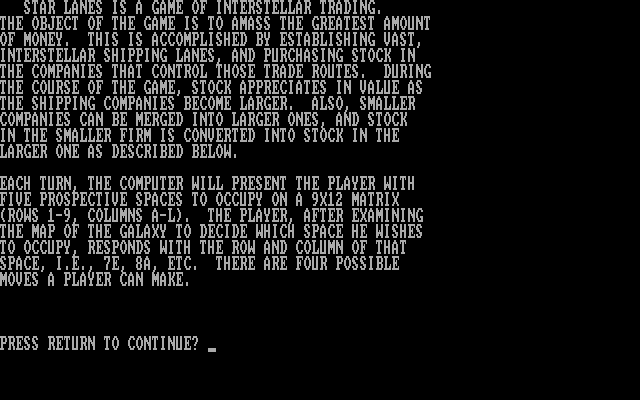 Star Traders IBM PC/Compatibles Screenshot: Game instructions, page 1...