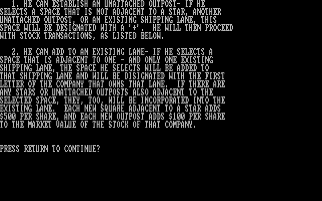 Star Traders IBM PC/Compatibles Screenshot: Game instructions, page 2... there are several more.