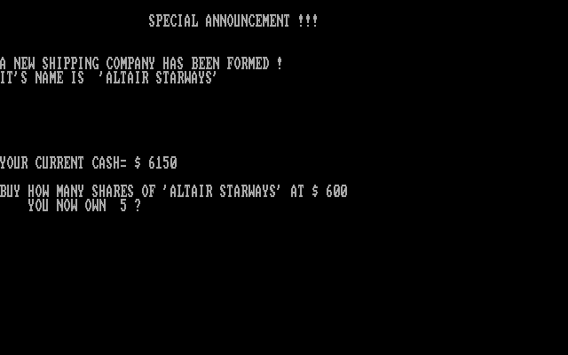Star Traders IBM PC/Compatibles Screenshot: Special announcement, a new shipping company has been formed!