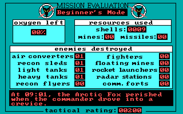 Arcticfox IBM PC/Compatibles Screenshot: Game over