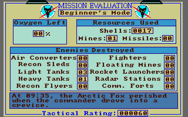 Arcticfox Amiga Screenshot: Game over.