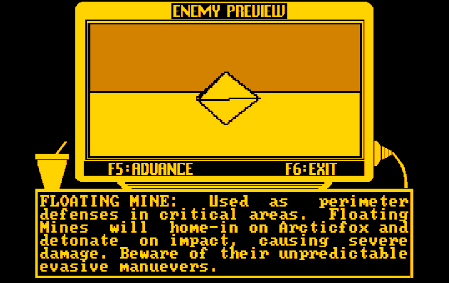 Arcticfox IBM PC/Compatibles Screenshot: Enemy preview - you'll want to avoid these floating mines