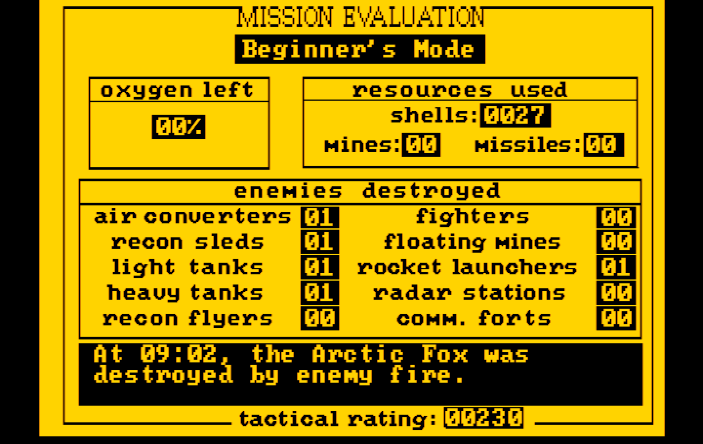 Arcticfox IBM PC/Compatibles Screenshot: Game over
