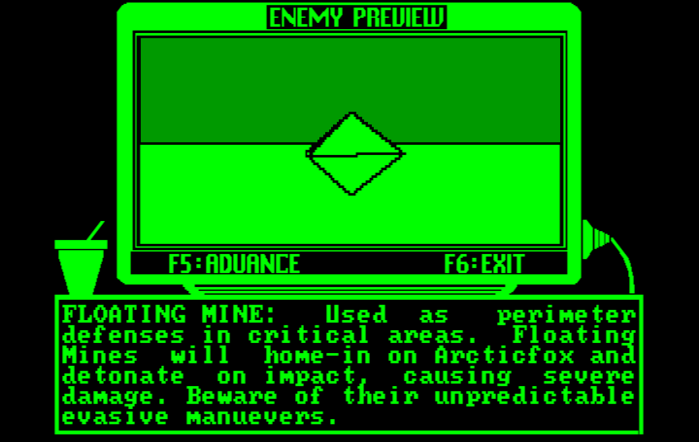 Arcticfox IBM PC/Compatibles Screenshot: Enemy preview - you'll want to avoid these floating mines