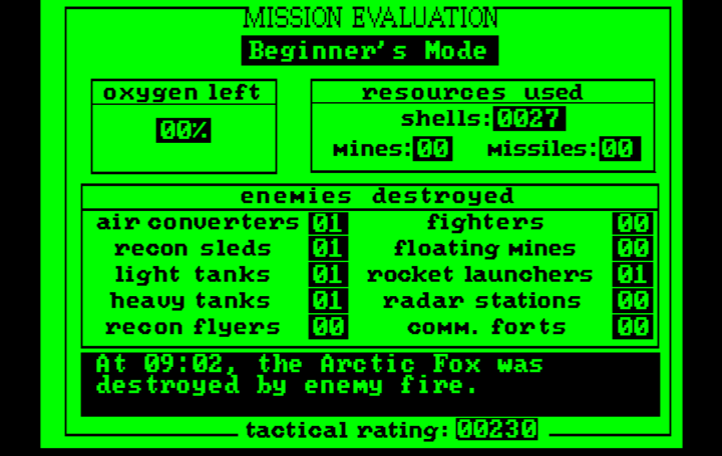 Arcticfox IBM PC/Compatibles Screenshot: Game over