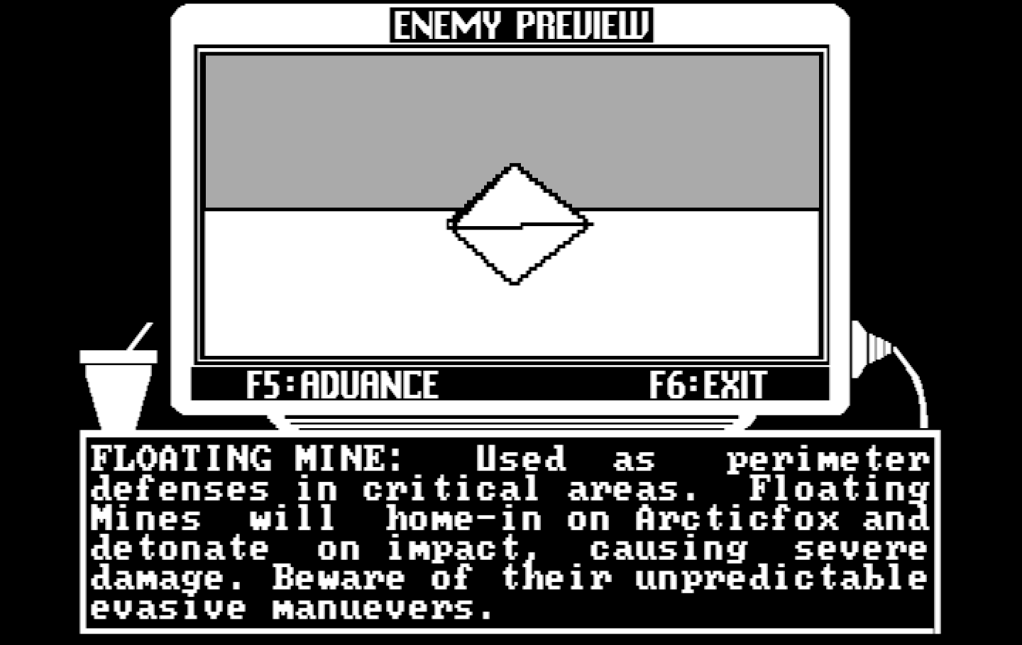 Arcticfox IBM PC/Compatibles Screenshot: Enemy preview - you'll want to avoid these floating mines