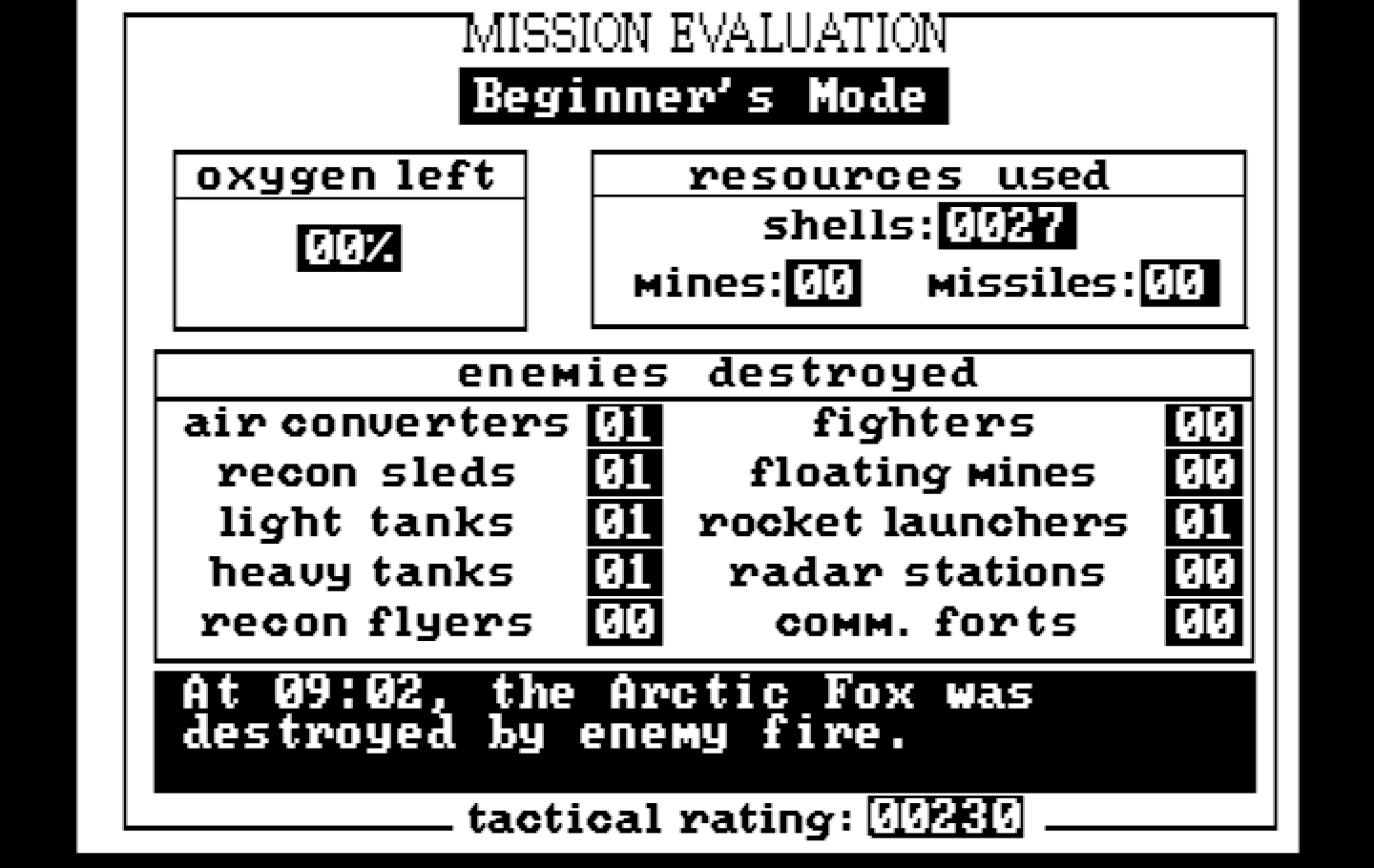Arcticfox IBM PC/Compatibles Screenshot: Game over