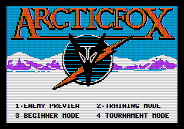 Arcticfox Apple II Screenshot: Title screen and main menu.