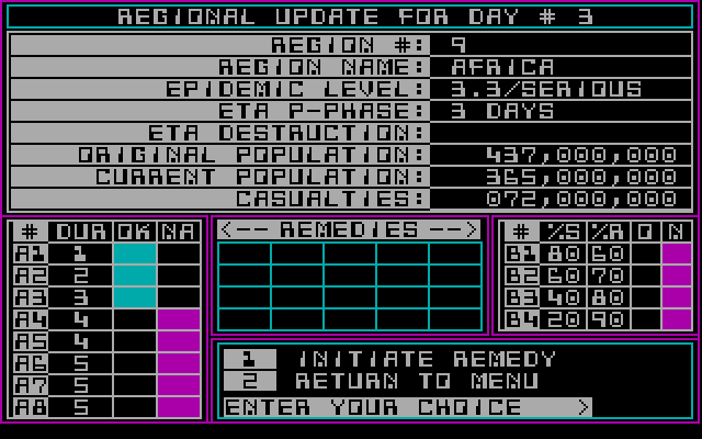 Epidemic! IBM PC/Compatibles Screenshot: Should I initiate a remedy here?