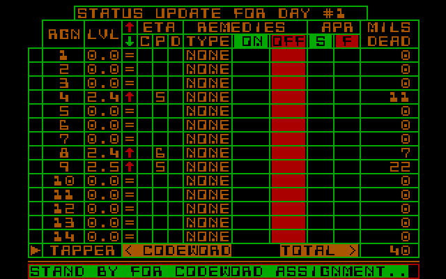 Epidemic! IBM PC/Compatibles Screenshot: Day 1; standby for codeword assignment...