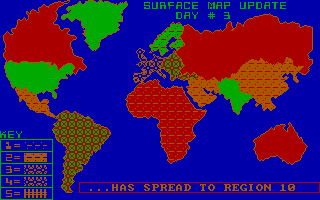 Epidemic! IBM PC/Compatibles Screenshot: Infection has spread to region 10!