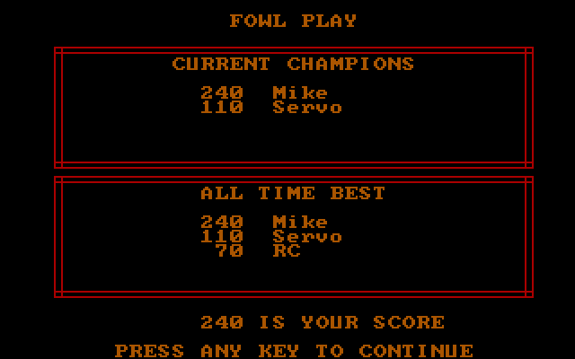 Fowl Play IBM PC/Compatibles Screenshot: High scores.