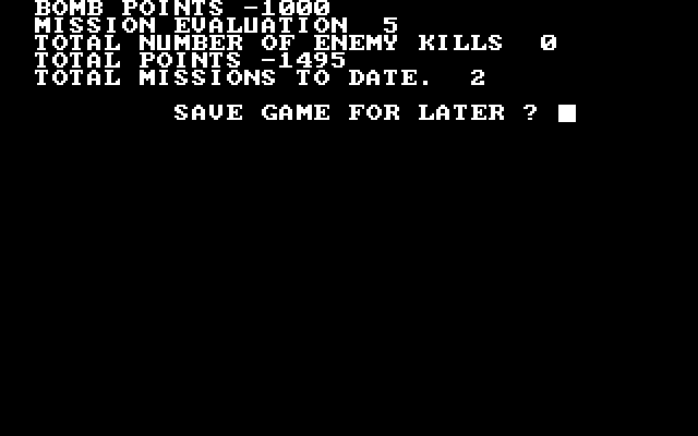 50 Mission Crush IBM PC/Compatibles Screenshot: Mission results; save the game for later?