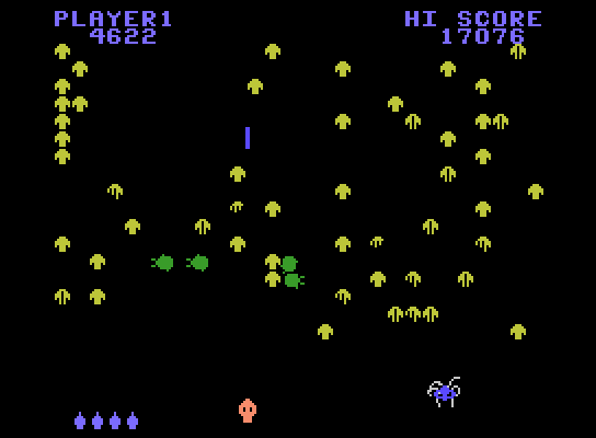 Centipede ColecoVision Screenshot: Only a few centipede segments left...